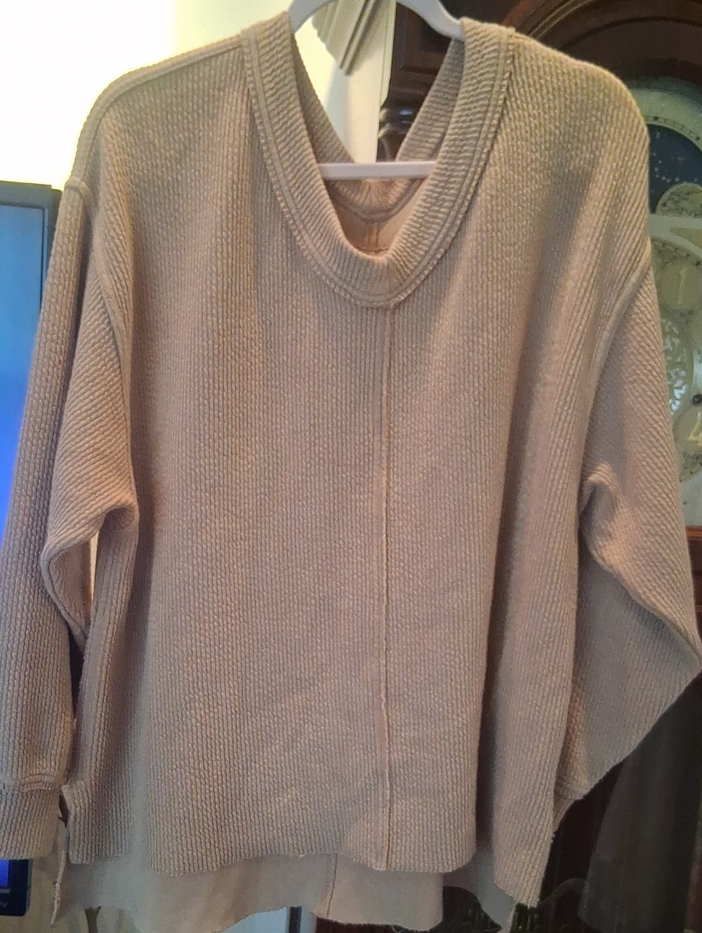 aerie Beige V-Neck Knit Sweatshirt - Relaxed Ribbed Pullover